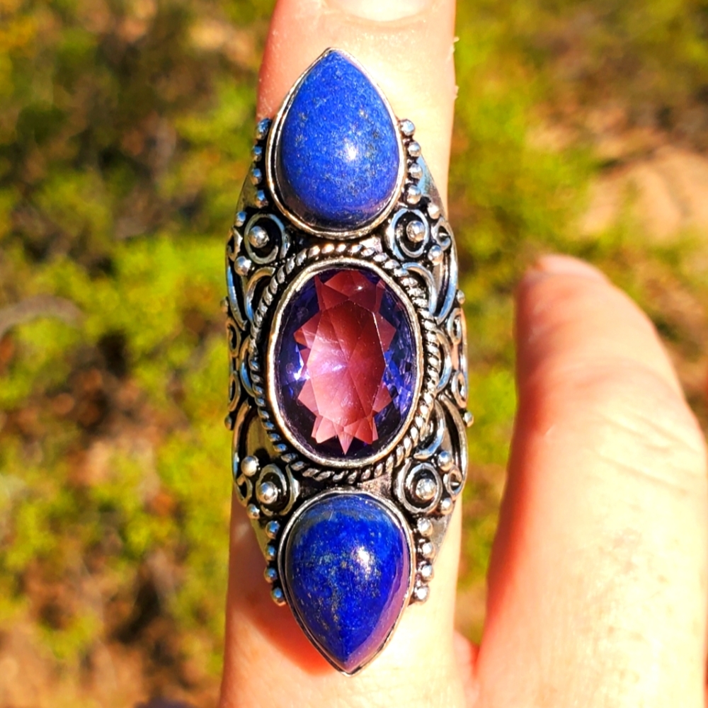 New Amethyst & Lapis Lazuli 925 Silver Statement Ring.